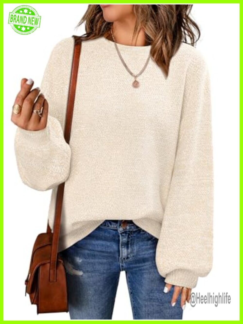 Oversized Knit Pullover Sweater Long Lantern Sleeve Crew Neck Loose Fit